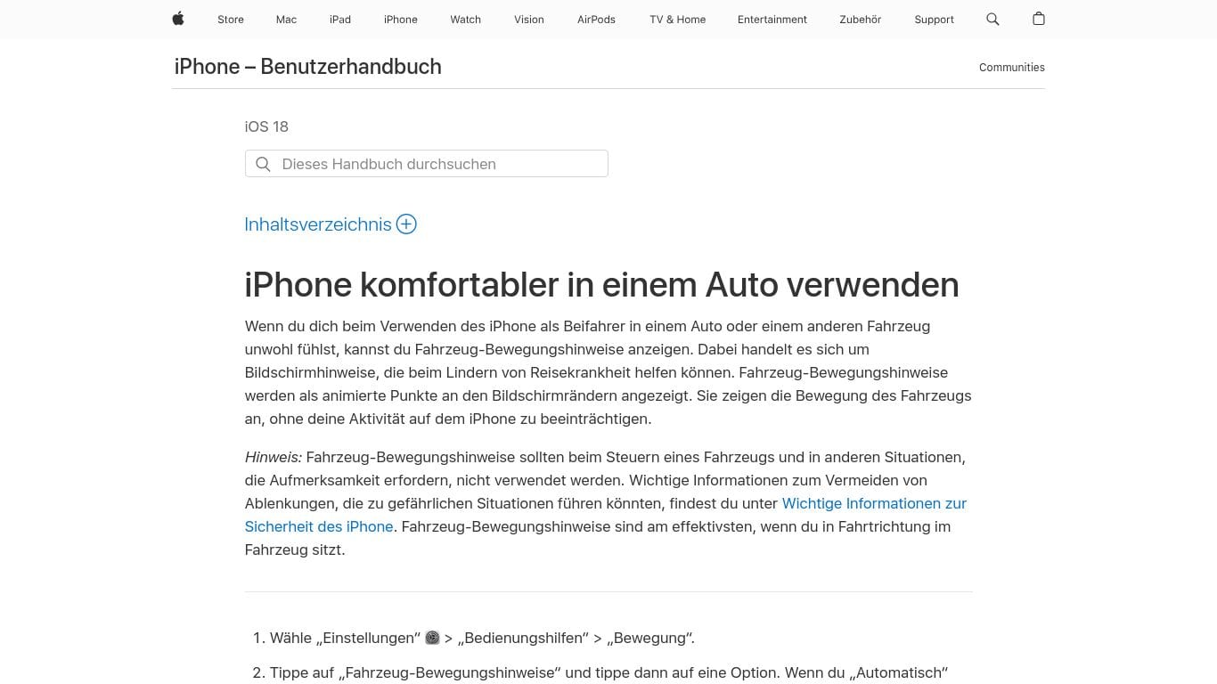 Fahrzeug-Bewegungshinweise von Apple